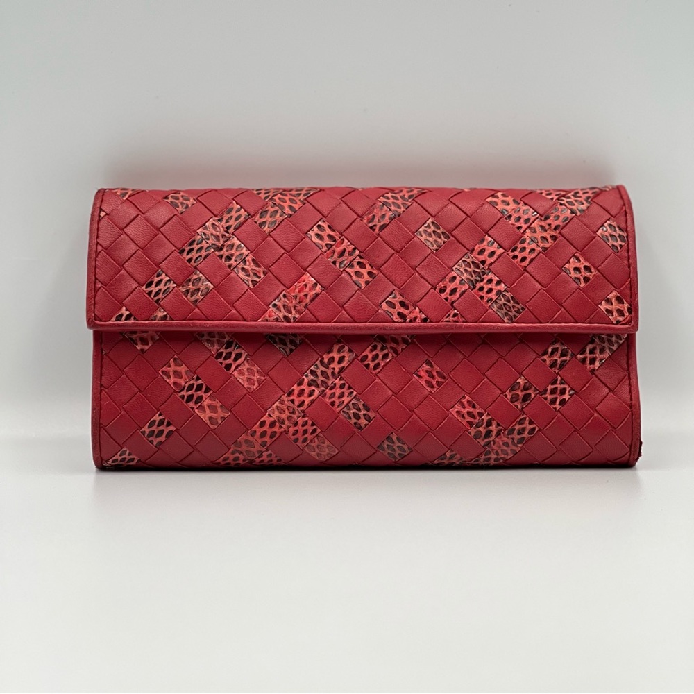 Bottega Veneta Intrecciato Wallet with Woven Lambskin and Python in Red